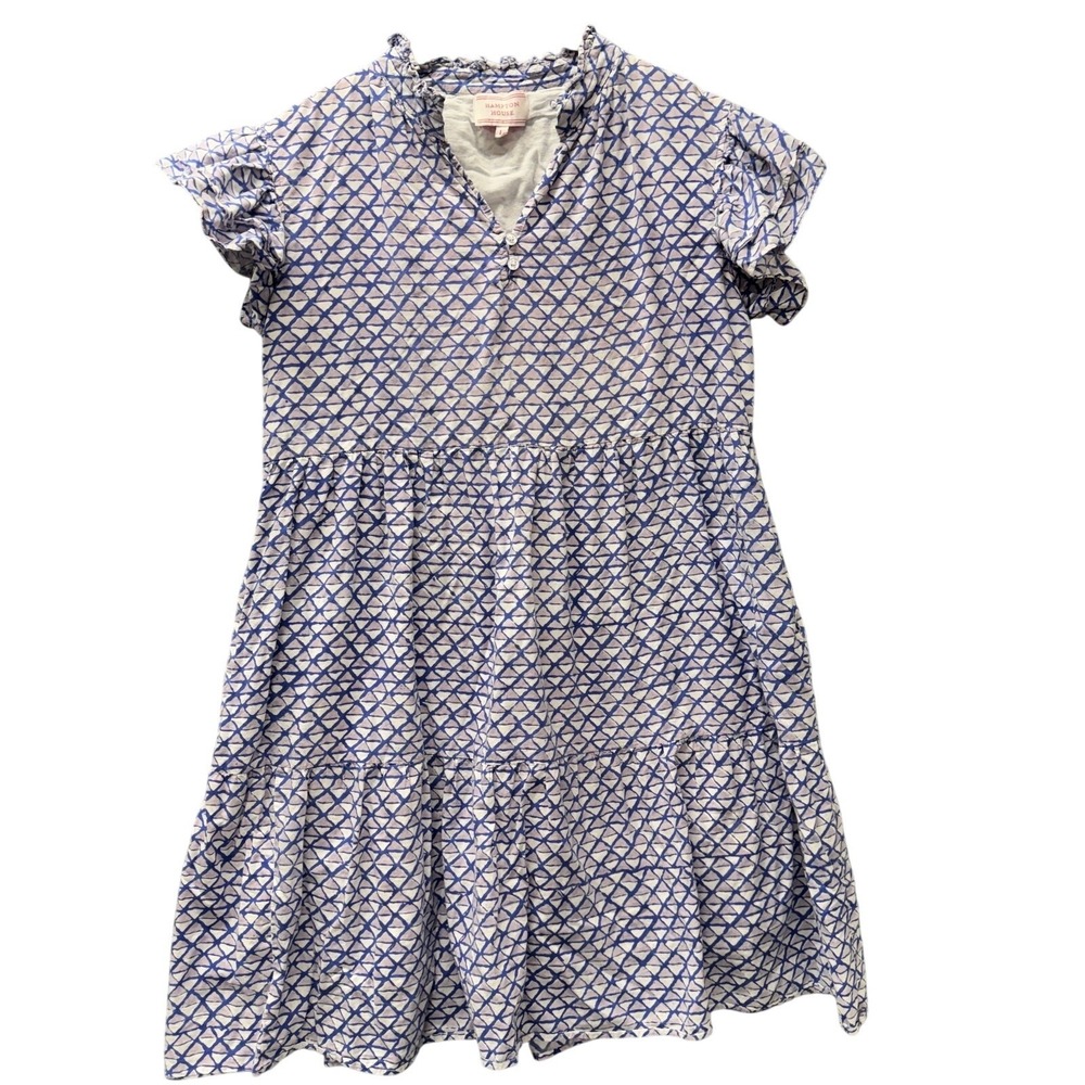 Hampton House Dress Womens Large Coastal Boho‎ Cottage Cotton Blue Geometric